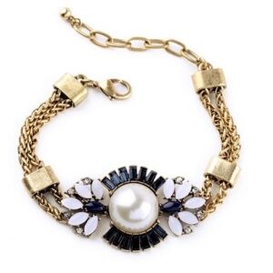 Goldtone Brass Navy Crystal and Pearl Bracelet with extension